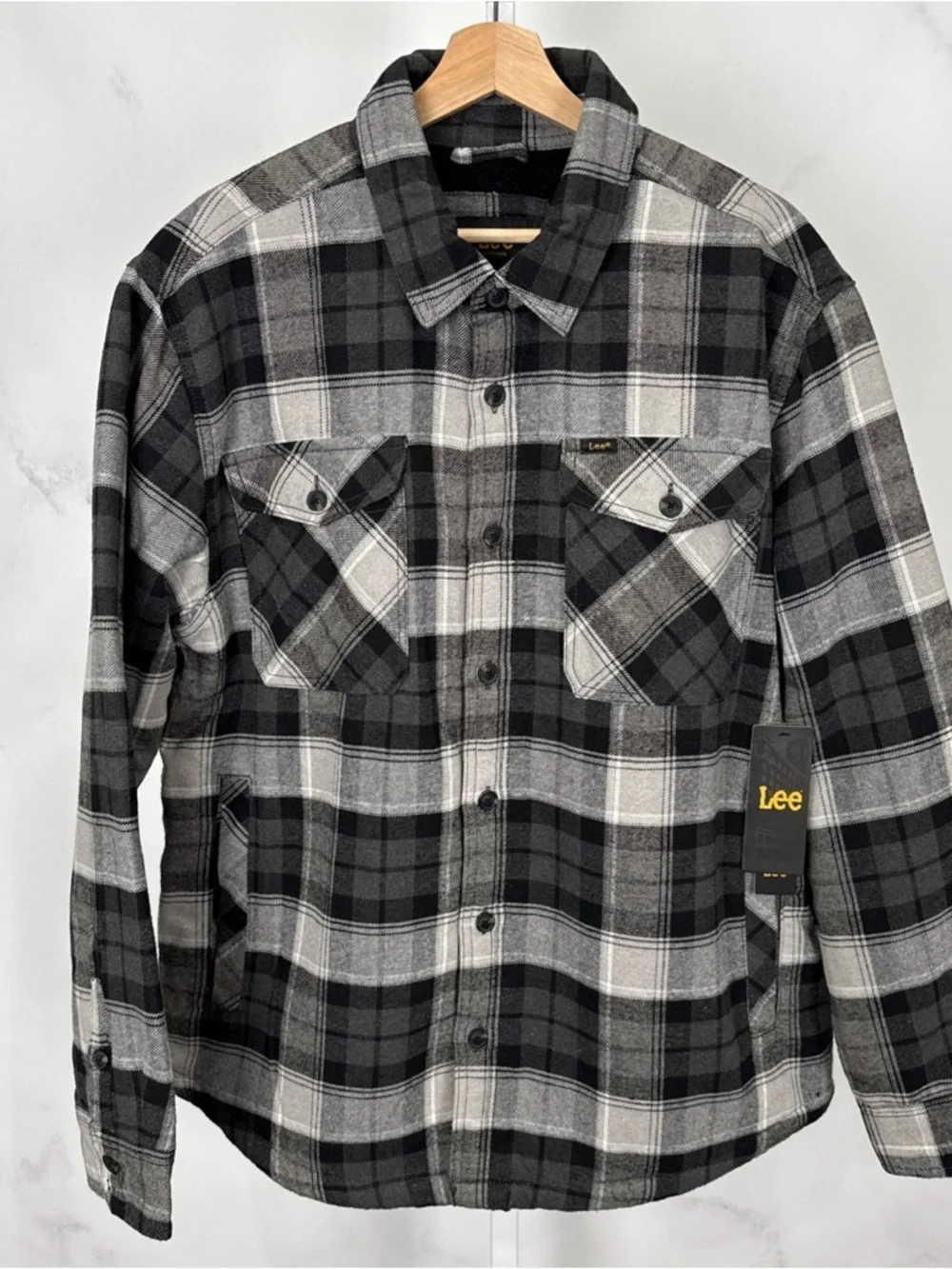 Lee Men’s Sherpa Lined Black/grey Plaid Button Up Shirt Jacket Size L NEW $70